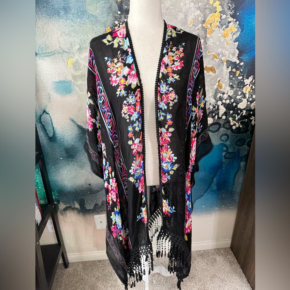 Woven Hearts | Black Floral Long Kimono
